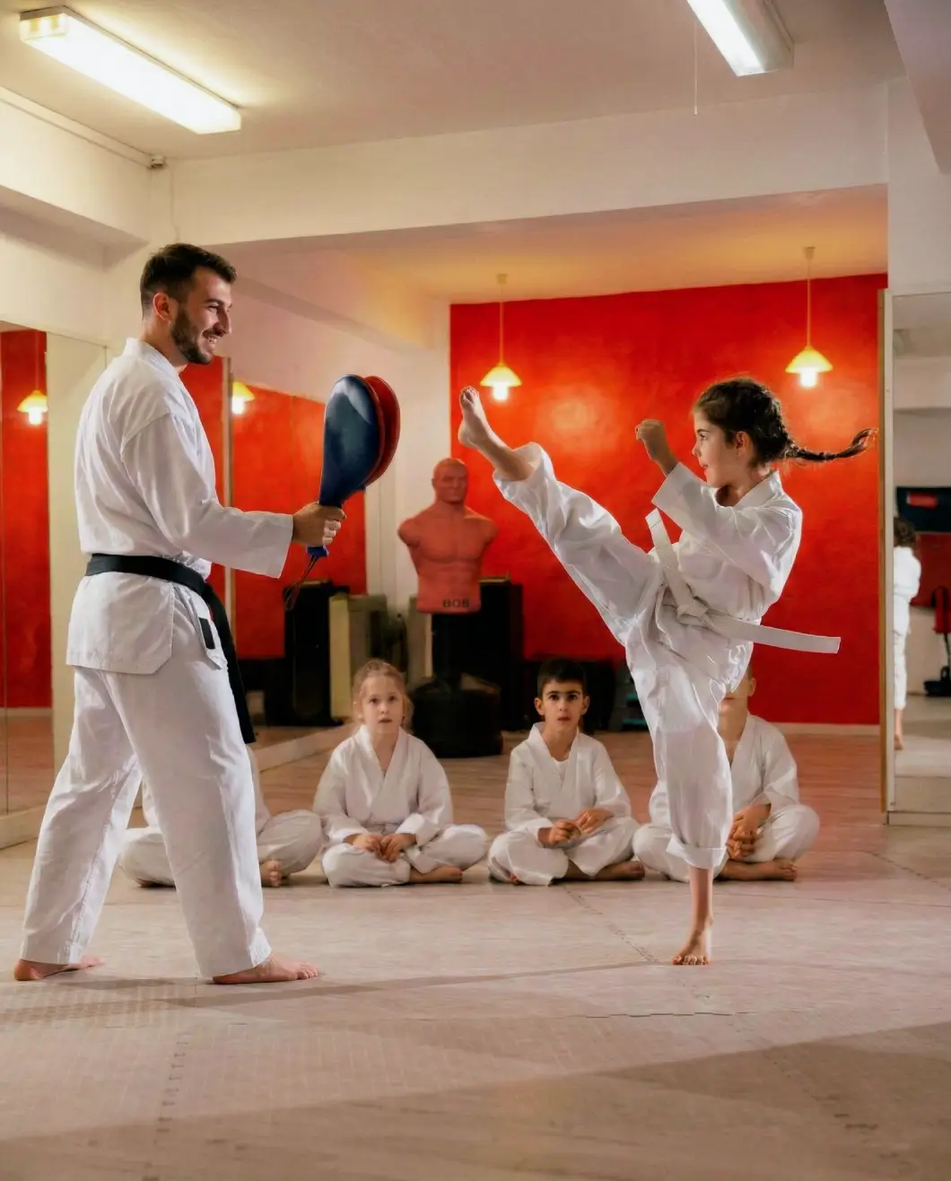 copii care se antreneaza taekwondo, lovesc la palete